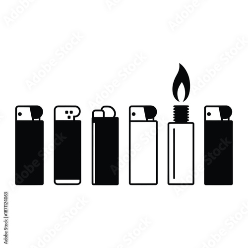 A row of black and white lighters one with a visible flame