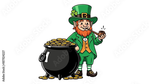 Leprechaun with Pot of Gold and Smoking Pipe, St. Patrick's Day Symbol