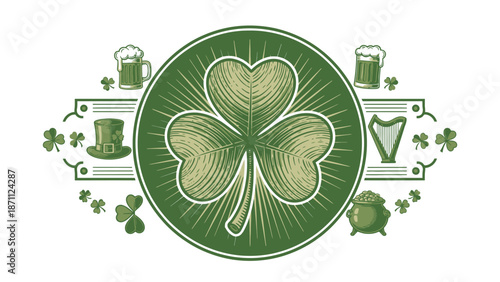 Saint Patrick's Day Symbols: Shamrock, Beer, Harp, Pot of Gold, and Top Hat