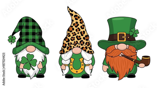 Three Adorable St. Patrick's Day Gnomes with Clover and Horseshoe Decorations
