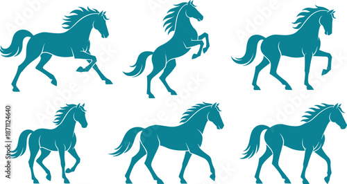 Horse silhouette illustration set, teal running rearing walking stallion poses, vector animal collection isolated