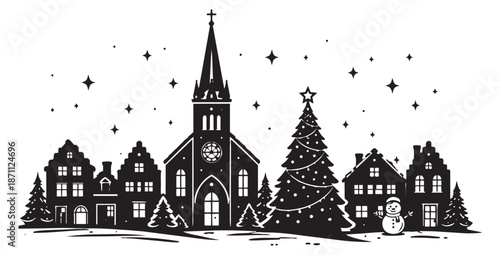 Silhouette Christmas village set featuring a church, houses, christmas trees and a snowman for winter holidays