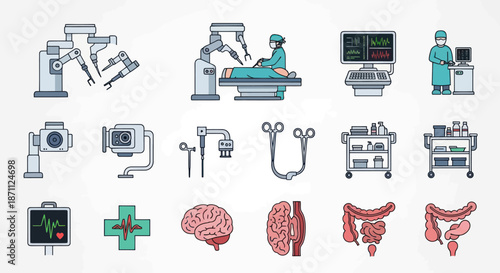 Medical Robotic Surgery Equipment and Human Anatomy Icons Set.