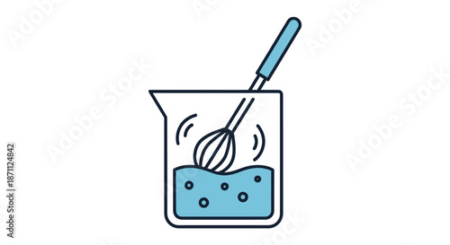 Beaker with liquid and whisk mixing ingredients in a laboratory setting.