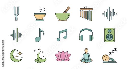 Collection of Relaxation and Meditation Icons: Tuning Fork Bowl Chimes Soundwave Music Note Headphones Speaker Moon Lotus Meditating Person Coconut.