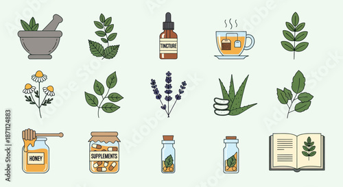 Colorful Hand-Drawn Herbal Medicine and Natural Remedy Icons.