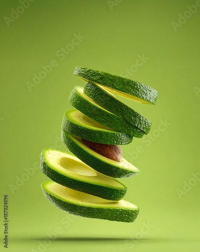 Creative image of avocado slices levitating in the air, symbolizing freshness, healthy nutrition and modern food trends. Concept of clean eating, vegan lifestyle, balance, wellness, organic products