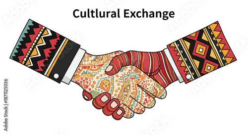 Diverse Hands Shaking in Cultural Exchange with Vibrant Patterns.