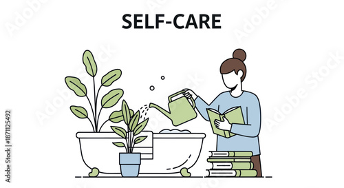 Illustrated Woman Practicing Self-Care with Plants Books and Bath.