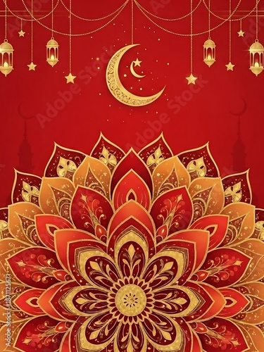 Vibrant Red and Gold Islamic Floral Design.