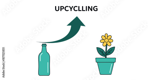 Upcycling concept: Bottle transformed into potted flower illustration.