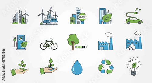 Hand-drawn Eco-Friendly and Green Energy Icons Collection for Sustainability.