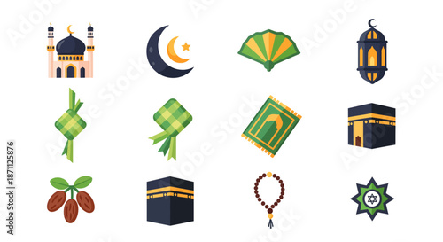 A collection of Islamic cultural and religious icons including mosques, crescent moons, lanterns, prayer mats, Kaaba, dates, and prayer beads.