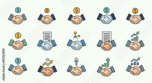 Colorful Handshake Icons Representing Business Agreements and Success.