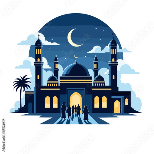 Serene mosque under starry night sky with crescent moon