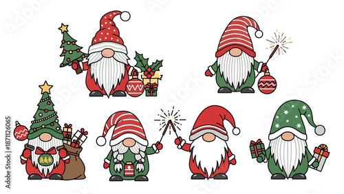 Cute Christmas Gnomes with Gifts, Trees, and Sparklers, Festive Holiday Characters
