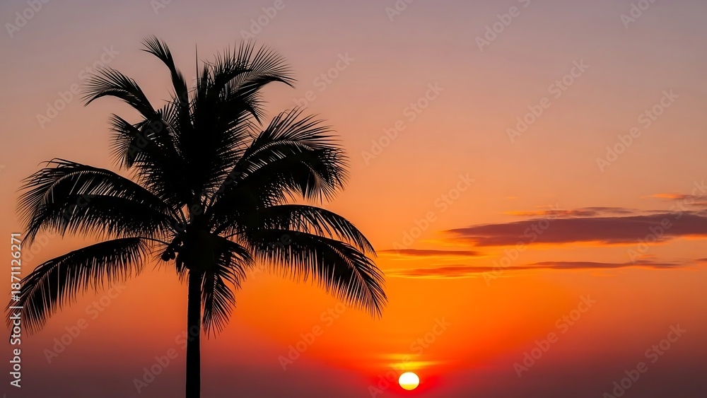 Obraz premium Palm tree at sunset on beach.