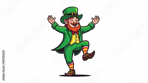 Happy Leprechaun Dancing in Green Suit with Clover Hat, St. Patrick's Day Celebration