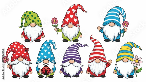 Cute Gnomes in Various Outfits and Patterns Holding Flowers and Ladybug