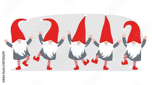 Group of Five Dancing Gnomes with Red Hats and Striped Socks