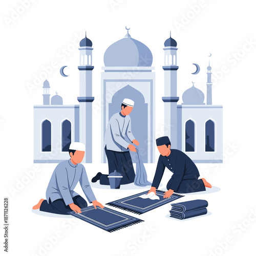 Muslim men preparing for prayer in mosque courtyard