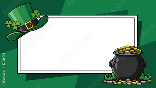 St. Patrick's Day celebration concept with shamrocks, leprechaun hat, and pot of gold on green