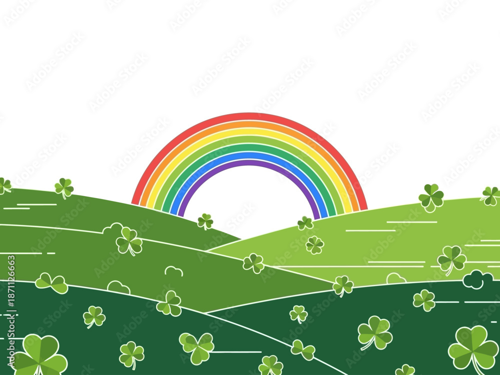 Fototapeta premium A vibrant rainbow arches over a lush green landscape with shamrocks