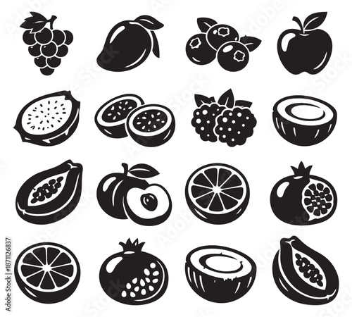 Solid modern fruit icon set featuring common and tropical fruits, both whole and sliced, for healthy eating and food design