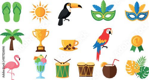 Tropical icon set with toucan flamingo parrot and palm tree