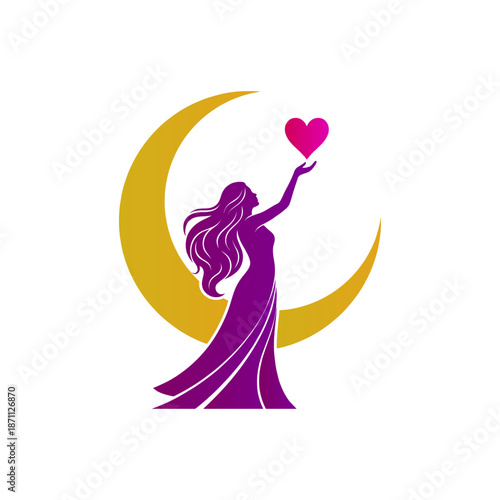 Stylized Silhouette Of A Lady, Holding Up A Heart Shape Behind Her A Crescent Moon Shape