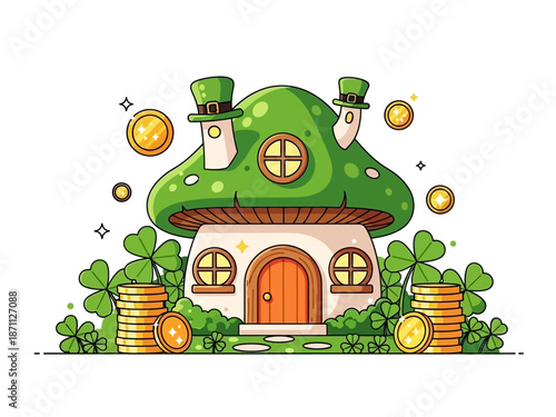 A whimsical mushroom house surrounded by gold coins and lush greenery, symbolizing good fortune and prosperity in a fantastical setting.