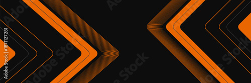 Black abstract wide horizontal banner with orange and gray lines, arrows and angles. Dark modern sporty bright futuristic abstract background. Wide vector illustration EPS10.