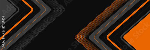 Black wide abstract horizontal banner with gray and orange lines, arrows and angles. Dark modern sporty bright futuristic horizontal abstract background. Wide vector illustration EPS10.