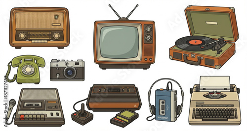 Collection of vintage electronic devices and analog media players