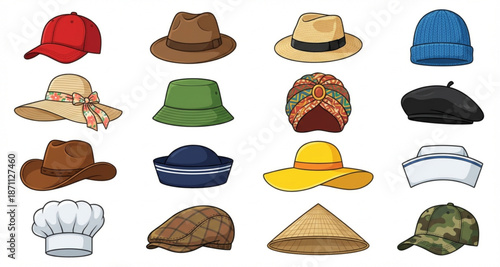 Collection of assorted hats and headwear worn for fashion, protection, and style