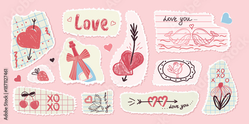 A set of hand-drawn romantic paper stickers for scrapbooking, notebooks, sketchbooks, and more. Vector design.