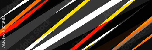 Geometric abstract wide horizontal banner with orange and black lines and shapes. Colored modern sporty bright futuristic horizontal abstract wide background. Vector illustration EPS10.