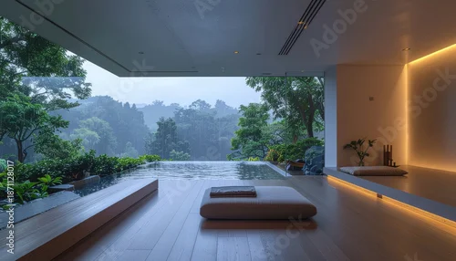 Panel kuchenny z motywem Serene spa room interior design, nature view, relaxation concept, minimalism style, peaceful, elegant, zen atmosphere, wellness center, vacation