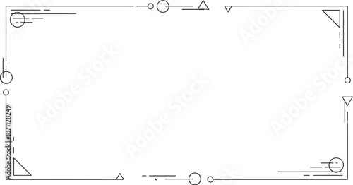 Minimalist geometric frame with thin black lines, abstract tech border with circles and triangles, modern digital layout vector for presentation