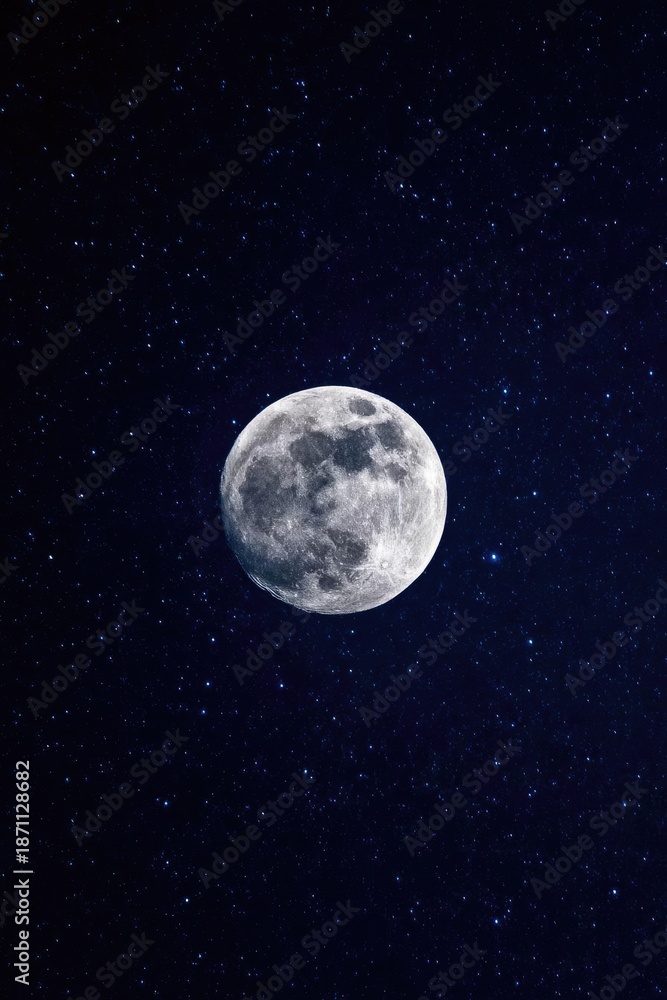Naklejka premium A bright full moon in a dark, star-filled night sky. Concept Moonlit Night, Starry Sky, Bright Full Moon, Nightscape Photography, Silhouette Under Moonlight