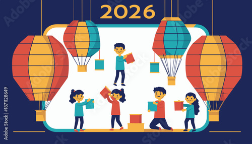 Children celebrating the new year 2026 with gifts and hot air balloons.