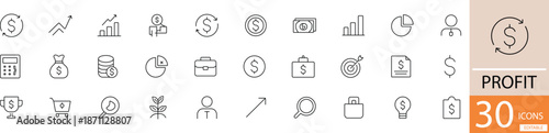 Flat line vector profit icon set showing financial growth, revenue, and business success concepts in clean minimal style. Perfect for finance, business, and accounting design use