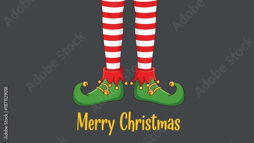 Christmas Elf Legs in Striped Socks and Jingle Bell Shoes with Merry Christmas Greeting