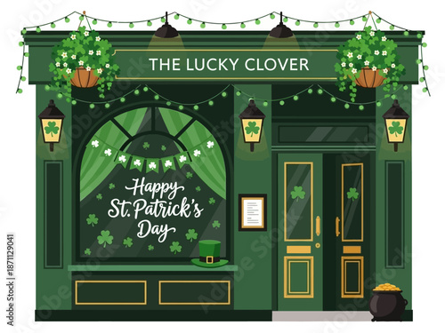 A vibrant green storefront adorned with festive lights and shamrocks celebrating St. Patrick's Day in a lively illustration.