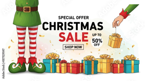 Christmas Sale Special Offer with Elf and Gift Boxes, Festive Holiday Shopping Banner