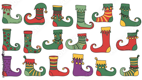 Collection of Colorful Elf Boots and Christmas Stockings with Jingle Bells