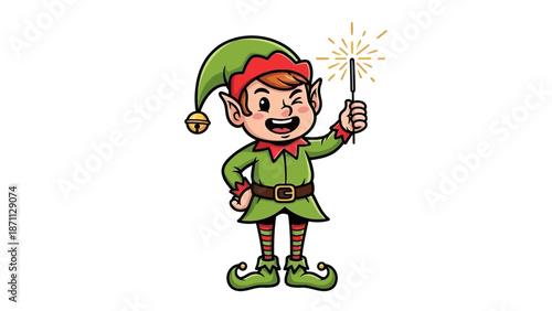 Cute Cartoon Elf Holding a Sparkler with a Festive Wink and a Merry Smile