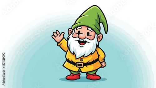 Cute Cartoon Gnome Waving Hello with Friendly Smile, Cheerful Fantasy Character
