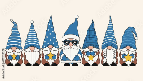 Cute Gnomes Wearing Blue Hats with Stars and Stripes Holding Yellow Stars