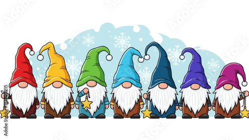 Cute Gnomes with Stars and Snowflakes Background, Festive Winter Characters Group